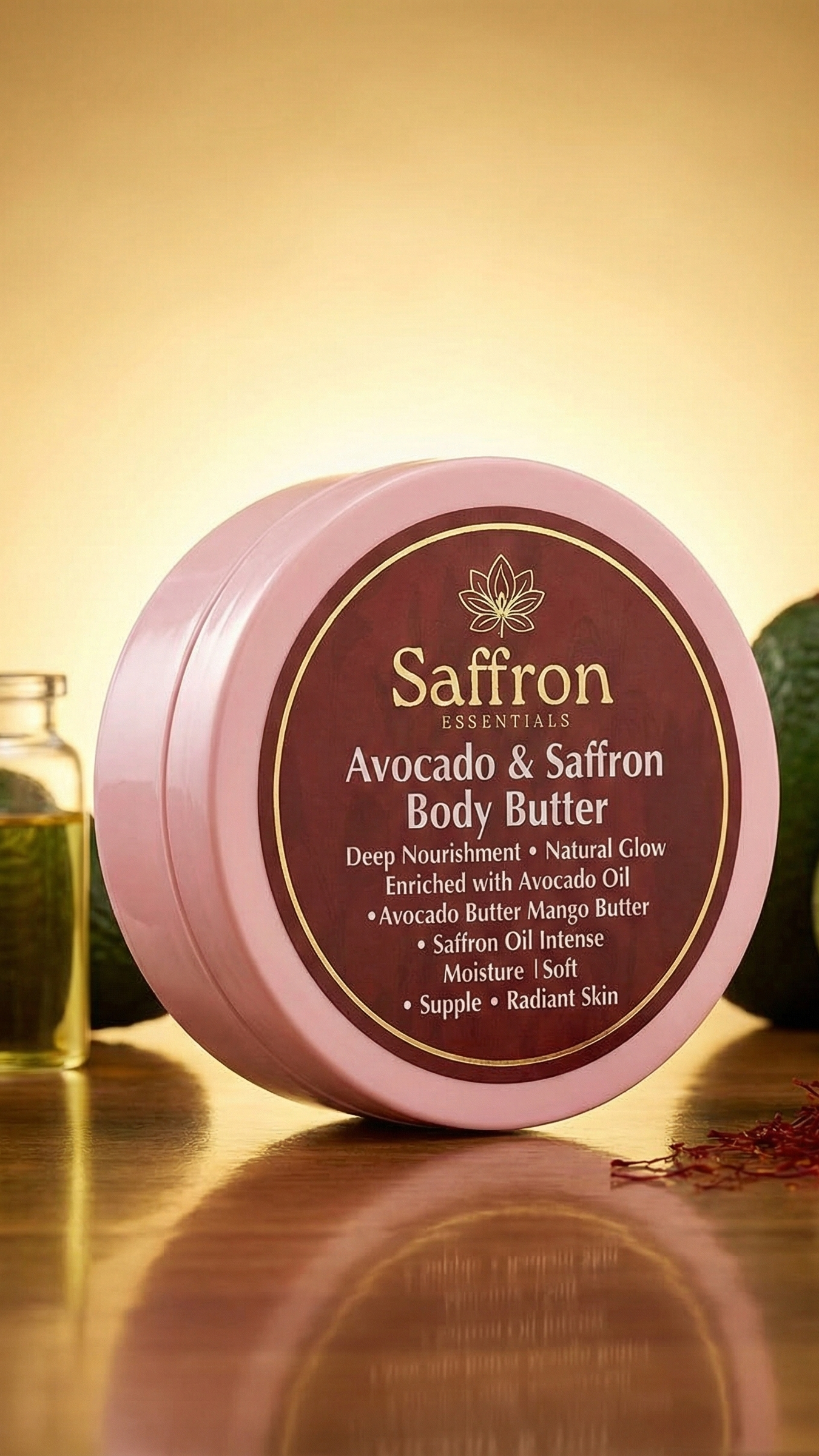 Avocado & Saffron Body Butter container with avocado and saffron on a reflective surface.