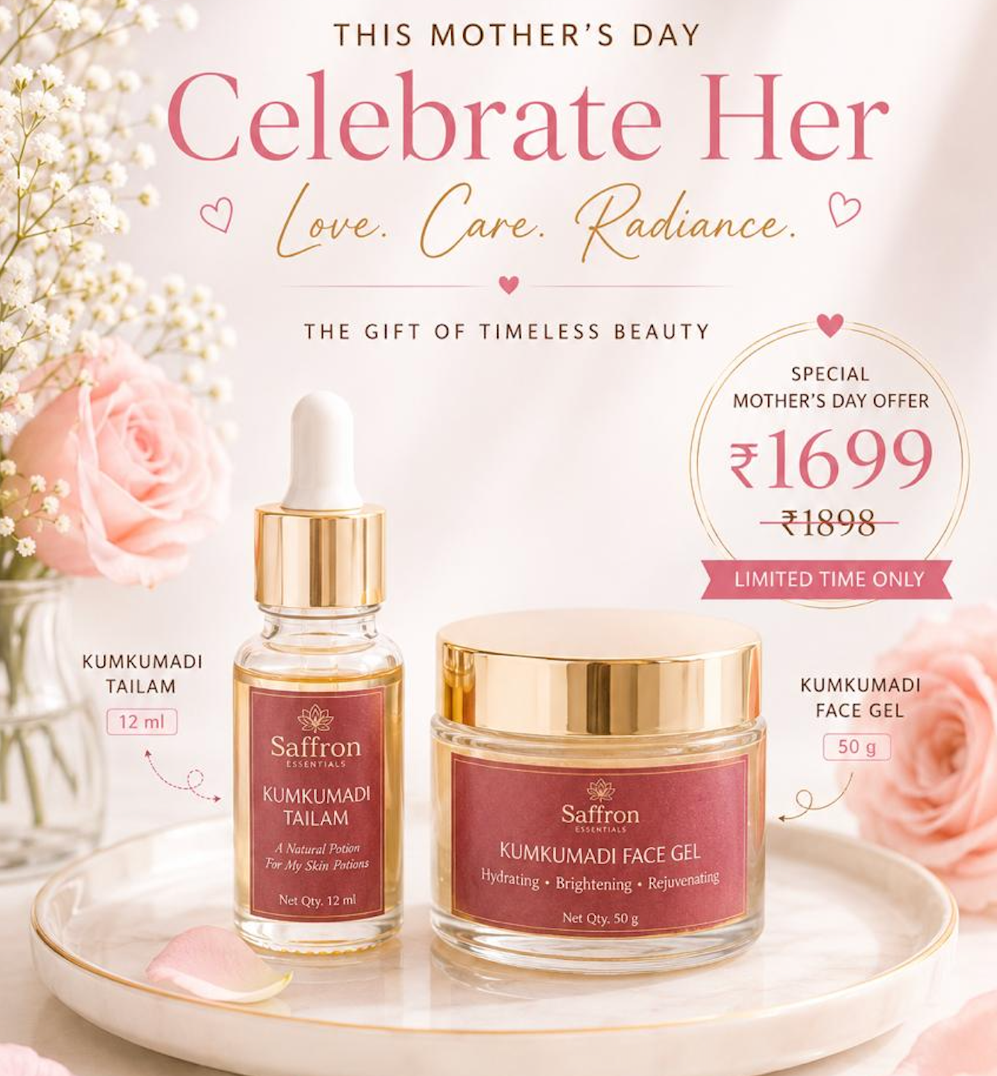 Kumkumadi Tailam (12ml) & Face Gel (50g) - Combo Mother's Day