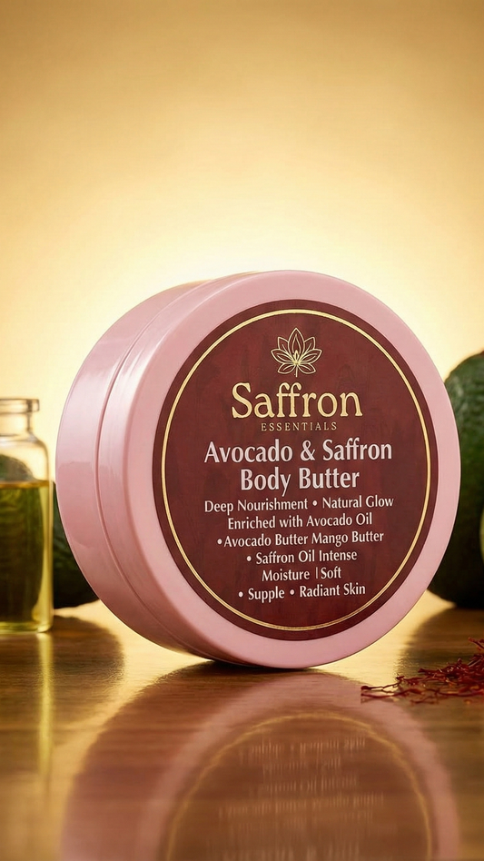 Avocado & Saffron Body Butter container with avocado and saffron on a reflective surface.