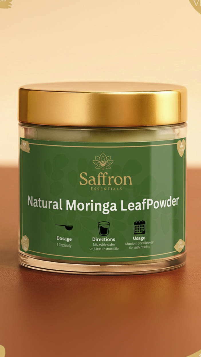 Jar of Natural Moringa Leaf Powder on a beige background
