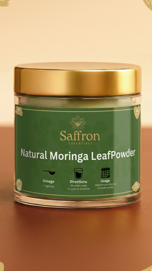 Jar of Natural Moringa Leaf Powder on a beige background